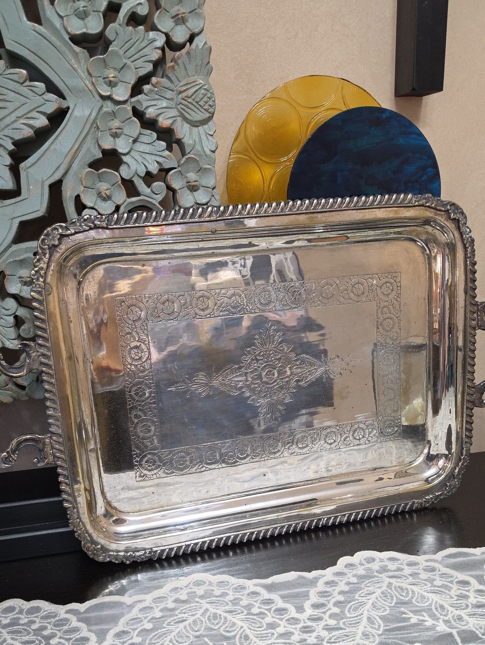 Antique Silver Decorative Serving Tray - Elegant Metallic Home Accent